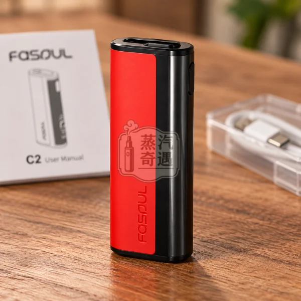 Fasoul C2 二回機 一體式加熱菸主機黑紅色與包裝內容展示